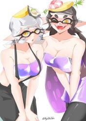 2d_(artwork) 2girls artist_name black_pants black_pantyhose callie_(splatoon) callie_(summer_nights) cleavage digital_drawing_(artwork) digital_media_(artwork) inkling inkling_girl kyocallscats large_breasts long_hair marie_(splatoon) marie_(summer_nights) mole mole_under_eye nintendo one_eye_closed open_mouth pants pantyhose pointy_ears short_hair simple_background skirt splatfest splatoon splatoon_(series) splatoon_3 squid_sisters squid_sisters_(splatoon) summer_nights_splatfest suspenders tentacle_hair tongue topwear twitter_username two_tone_hair watermark white_background wink winking winking_at_viewer yellow_eyes