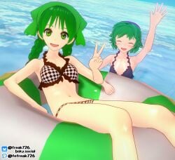 2girls 3d :d afloat alternate_costume arm_up armpits bandana bare_arms bare_legs bare_shoulders black_bikini black_swimsuit blue_bikini blue_swimsuit blush braid breasts checkered checkered_clothes closed_eyes closed_mouth collarbone fefreak726 female female_only fire_emblem:_the_blazing_blade green_eyes green_hair hairband innertube legs long_hair looking_at_viewer medium_breasts multiple_girls navel nino_(fire_emblem) ocean open_mouth outdoors rebecca_(fire_emblem) short_hair shoulders small_breasts smile stomach twin_braids twintails v waving waving_at_viewer white_bikini white_swimsuit