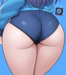 absurdres ass ass_focus black_panties blue_archive blue_background blue_buruma buruma close-up commentary_request drone female from_behind head_out_of_frame highres long_sleeves lower_body official_alternate_costume panties panty_peek ryuseiart standing thick_thighs thighs underwear white_background yuuka_(blue_archive) yuuka_(track)_(blue_archive)