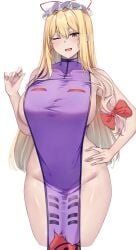 blonde_hair breasts mirufui one_eye_closed sideboob touhou white_background yukari_yakumo