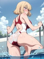 ai_generated ass ass_focus back bangs bare_shoulders barefoot blonde_hair blue_sky blush breasts cha_hae-in cha_hae_in closed_mouth cloud competition_swimsuit day eyebrows_visible_through_hair feet female foot_focus from_behind large_breasts looking_at_viewer looking_back one-piece_swimsuit outdoors phibsai pool pool_ladder poolside purple_eyes red_swimsuit short_hair sky soles solo solo_leveling stable_diffusion standing swimsuit tree water water_drop wet white_swimsuit