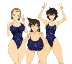 3girls big_breasts condom condom_in_mouth cum_on_body cum_on_swimsuit detective_conan huge_breasts masumi_sera peace_sign ran_mouri sihkygmojsn small_breasts sonoko_suzuki swimsuit