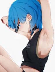 1girls 2d armpits arms_up black_shirt blue_eyes blue_hair blush breasts choker ear_piercing female female_only hololive hololive_japan hoshimachi_suisei light-skinned_female light_skin medium_breasts navel rieko shirt sideboob simple_background solo sweat virtual_youtuber white_background