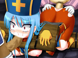 1girls 2boys anal anal_only ass ass_juice blue_hair blush bodysuit bondage boots bound_feet censored clothed_sex clothing double_penetration dragon_quest dragon_quest_iii erect_nipples fellatio female forced_oral fucked_silly gangbang gangrape gloves hair hat human jester_(dq3) latex long_hair male medium_breasts merchant_(dq3) nipples oral pillory priest_(dq3) pubic_hair rape red_eyes spitroast stocks straight sweat tear threesome torn_clothes trubka two_on_one