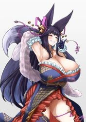 1girls artist_name artist_signature bell black_gloves black_hair blush blushing_at_viewer blushing_female breasts busty cleavage detached_sleeves dress erune eyebrows_visible_through_hair female female_only fox_ears fox_girl fox_shadow_puppet gloves gollizo granblue_fantasy grin hair_ribbon huge_breasts japanese_clothes light-skinned_female light_skin long_hair looking_at_viewer pink_eyes smile solo thick_thighs voluptuous yuel_(granblue_fantasy)