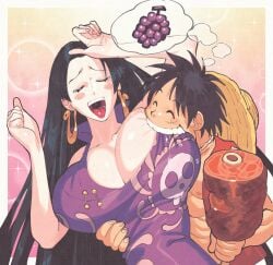 1boy 1girls biting_breast boa_hancock clothing comedy female huge_breasts humor inkuusan male monkey_d_luffy mouth_on_breast one_piece tagme