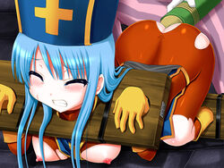 1girls anal anal_only ass blue_hair blush bodysuit bondage boots bound_feet clenched_teeth closed_eyes clothing dragon_quest dragon_quest_iii endured_face enema erect_nipples fellatio female gloves hair hat human jester_(dq3) latex long_hair male medium_breasts nipples pillory priest_(dq3) stocks straight sweat tear torn_clothes trubka