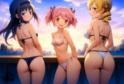 3girls ai_generated akemi_homura artist_logo ass ass ass_focus asscheeks back_view big_breasts big_butt bikini black_hair bubble_ass bubble_butt butt_focus buttcheeks drill_hair hair_ribbon hi_res long_hair madoka_kaname madoka_worship magical_girl mahou_shoujo_madoka_magica medium_breasts petite petite_body pink_eyes pink_hair puella_magi_madoka_magica purple_eyes red_ribbon ribbon ribbons round_ass round_butt straight_hair sunset thick_ass thick_thighs tomoe_mami twin_drills twintails wide_hips yellow_eyes yellow_hair