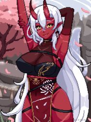 akumi breasts cleavage demon_girl female hair_between_eyes horns huge_breasts jewelry large_breasts long_hair looking_at_viewer pointy_ears red_skin smile solo thighhighs vyugen white_hair yellow_eyes