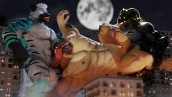 16:9 absurd_res anthro arzolath arzolath_(artist) building canid canine canis city domestic_dog dragon german_shepherd group herding_dog hi_res hyena iofreakhack macro male male/male mammal moon muscular mythological_creature mythological_scalie mythology pastoral_dog scalie sex shepherd stan_melgar trio widescreen