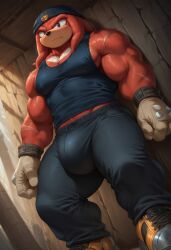 1boy ai_generated beanie beanie_hat biceps big_bulge bulge bulge_through_clothing bulge_under_clothes civitai knuckles_the_echidna leaning_against_wall leaning_back looking_at_viewer looking_down male male_only muscular muscular_male pants red_body scars scars_on_arm sega serious_look shoes sonic_(series) sonic_the_hedgehog_(series) sweatpants tank_top