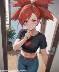 ai_assisted ai_generated akira_hentai akira_hentai date dating door flannery_(pokemon) flirting horny in_doorway inviting looking_down opening patreon_reward patreon_username pokemon shushing