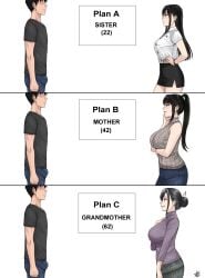 1boy 3girls age_difference arms_crossed black_eyes black_hair black_shirt black_skirt denim earrings english_text fair-skinned_female fair_skin female hair_bun high_collar highres jeans jewelry large_breasts light-skinned_female light-skinned_male light_skin long_hair long_sleeves looking_ahead looking_at_another looking_away makeup male mature_female milf multiple_girls naye_(xter) nush_(xter) older_female original_character pants ponytail skirt smile standing white_background white_shirt xtermination younger_male