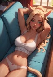 ai_generated blonde_hair cleavage cptndunsel final_fantasy final_fantasy_xiv hot miqo'te non-nude panties sweat sweating tank_top underwear