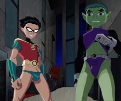 ai_assisted beast_boy bikini briefs dc dc_comics dick_grayson embarrassed embarrassed_underwear_male embarrassing embarrassing_outfit male robin_(dc) robin_(dick_grayson) robin_(teen_titans) teen_titans underwear undieboi22