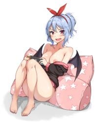 amagi_(amagi626) bat_wings blue_hair blush breasts looking_at_viewer nintendo_switch nipples open_mouth red_eyes remilia_scarlet touhou