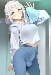 ai_generated arched_back blue_eyes blue_leggings braid erection_under_clothes eyelashes futanari gakuen_idolmaster gerumusi holding_towel katsuragi_lilja light_smile locker_room navel short_hair standing steaming_body sweat sweatdrop testicles tight_pants towel waving white_hair white_hoodie