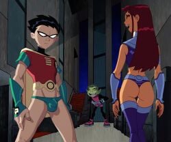 ai_assisted beast_boy bikini briefs dc dc_comics dick_grayson embarrassed embarrassed_underwear_male embarrassing embarrassing_outfit female femdom male robin_(dc) robin_(dick_grayson) robin_(teen_titans) starfire teen_titans underwear undieboi22