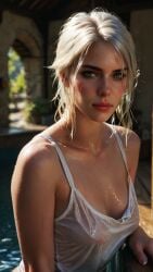 ai_generated bath bathing breasts cd_projekt_red ciri female freckles green_eyes light-skinned_female looking_at_viewer mascara nipples nipples_visible_through_clothing scar solo speedyspredy the_witcher_(series) the_witcher_3:_wild_hunt wet_body wet_clothes white_hair