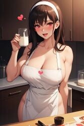 1girls abs ai_generated apron apron_only big_breasts black_hair blush blush_lines breasts completely_nude curvy_body curvy_female curvy_figure dh_lucky glass kitchen long_hair milk milk_bottle naked_apron solo solo_female spy_x_family steam steaming_body yor_briar yor_forger