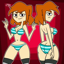 1girls ass bare_midriff beta_design bikini bikini_bottom bikini_bottom_only bikini_only bikini_top bikini_top_only breasts carazar_zone disventure_camp ellie_(disventure_camp) female female_only female_solo legwear solo solo_female solo_only striped_bikini striped_bikini_bottom striped_bikini_top thighhighs