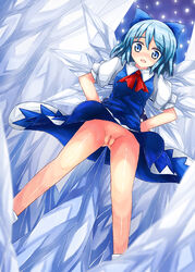 90i blue_eyes blue_hair blush bow cirno dress from_below hairbow hands_on_hips highres ice ice_wings no_panties pussy ribbon short_hair solo spike touhou uncensored wings