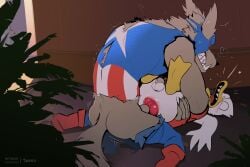 alternate_species anal anal_sex anatid animal_genitalia animal_penis anseriform anthro avian balls beak bird black_nose canid canine canine_genitalia canine_penis captain_america chastity_device detailed_background drake_(an_dork) duck duo erection fur genitals grey_body grey_fur grey_tail hi_res male male/male male_penetrated male_penetrating male_penetrating_male mammal marvel marvel_rivals penetration penile penile_penetration penis sex tail teeth tongue twang white_body yellow_body