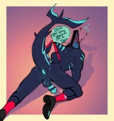 1boy anus anus_focus ass ass_focus backsack bileshroom deep_penetration dialogue embarrassed english_text gay hazbin_hotel imminent_sex penis presenting_anus presenting_ass presenting_hindquarters presenting_penis shark shark_tail submission vox_(hazbin_hotel)