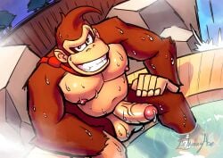 absurd_res anthro ape balls belly bodily_fluids donkey_kong_(character) donkey_kong_(series) dripping erect_nipples erection fence fog foreskin fur genital_fluids genitals gorilla grinning_at_viewer haplorhine hi_res hot_spring leaking_precum male mammal navel necktie nintendo nipples pecs penis penis_shadow plant precum precum_drip primate rock sky solo sweat sweatdrop themonkeyabe tree vein veiny_penis water wet wet_body wooden_plank