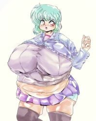 1990s_(style) 1girls bangs blue_hair campanella999 clair_schriefer fat fat_folds female mascot(proxima64) obese red_eyes solo tight_clothing white_background