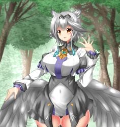 absurdres armband black_armband breasts brown_wings front-to-back hands_on_another's_hips head_out_of_frame highres indie_virtual_youtuber kayamori_emma large_breasts long_hair low_wings short_hair virtual_youtuber watashiwatashi white_hair wings yellow_eyes