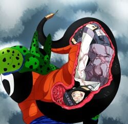 absorb absorption absorption_vore breasts cell_(dragon_ball) cell_vore crossover defeated dragon_ball dragon_ball_super dragon_ball_z eyes_rolling_back flesh_tunnel godvore hyuuga_hinata large_breasts naruto naruto_(series) squished_breasts swallowed_whole tail_bulge tail_vore