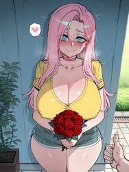 11_22 against_wall ai_generated blue_eyes blush bouquet choker cleavage covered_nipples flower fluttershy_(mlp) garden half-closed_eyes heart heavy_breathing huge_breasts large_breasts long_hair looking_at_viewer motion_lines my_little_pony nervous_smile pale_skin pink_choker pink_hair pov pov_eye_contact pov_hands smile spoken_heart sweat t-shirt thick_thighs thumbs_up twitching wide_hips yellow_shirt