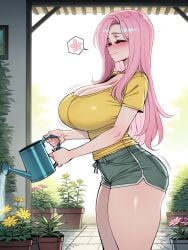 11_22 ^_^ ai_generated blush closed_eyes flower fluttershy_(mlp) garden huge_breasts large_breasts long_hair my_little_pony pale_skin pink_hair short_shorts smile standing t-shirt thick_thighs watering_can wide_hips yellow_shirt