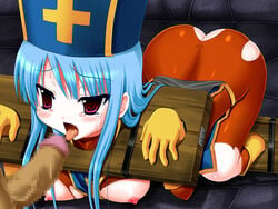 1girls ass blue_hair blush bodysuit bondage boots bound_feet censored clothing dragon_quest dragon_quest_iii erect_nipples female gloves hat latex long_hair medium_breasts merchant_(dq3) nipples open_mouth penis pillory priest_(dq3) red_eyes stocks sweat tear tongue torn_clothes trubka