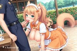 1girl 3 ai_assisted ai_generated animal_ear_fluff arm_at_side belt big_tits blowjob blush cafe cat_ears cat_tail cleavage cleavage_cutout closed_mouth cock_out daylight excited_face flowers frilled_skirt garden hand_on_own_shoulder huge_tits indoors jiggling_tits legs_together light_smile long_hair looking_at_viewer maid maid_headdress medium_breasts neck_bell nekopara on_knees orange_bowtie penis ponytail puffy_short_sleeves sex sidelocks spring standing sundress sunglasses waist_apron wavy_hair white_sleeves white_wrist_cuffs