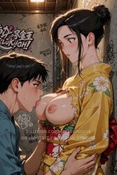 ai_assisted ai_generated ariavisions black_hair breast_sucking breasts breasts_out brown_eyes female golden_boy kimono reiko_terayama surprised torn_clothes vintage