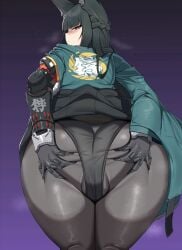1girls absurdres animal_ears arm_guards ass ass_focus bent_over black_gloves black_hair black_panties black_pantyhose black_skirt blunt_bangs blush braid breath closed_mouth clothes_lift commentary elbow_pads english_commentary feet_out_of_frame female fox_ears fox_girl from_behind gloves grabbing_own_ass gradient_background green_jacket half_up_braid highres hoshimi_miyabi huge_ass jacket long_hair looking_at_viewer looking_back mixed-language_commentary panties panties_over_pantyhose pantyhose purple_background red_eyes simple_background skirt skirt_lift solo spread_ass standing steaming_body sweatdrop tetsu_chokoreto thick_thighs thighs underwear wrist_guards zenless_zone_zero