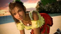 16:9_aspect_ratio all_fours animal beach bird breasts brown_eyes brown_hair cleavage clothing dark-skinned_female dark_skin dress earrings female final_fantasy final_fantasy_vii final_fantasy_vii_rebirth final_fantasy_vii_remake high_resolution initial_a jewelry looking_at_viewer medium_breasts necklace ocean outdoors priscilla priscilla_(final_fantasy) red_skirt shirt skirt smile solo sunset tied_hair very_high_resolution