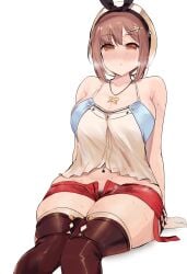 atelier_(series) atelier_ryza bare_shoulders beret big_breasts blush boots breasts brown_eyes cleavage collarbone edit female hat heavy_breathing highres jewelry light_brown_hair navel_piercing okpriko_(artist) pubic_hair pubic_hair_peek reisalin_stout reisalin_stout_(atelier) short_hair short_shorts shorts simple_background sitting spade subtle sweat thick_thighs thigh_boots thighhighs thighs white_background