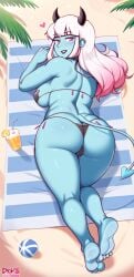 ai_generated aianonguy beach beatrix_(aianonguy) bikini chubby demon dross_(style) feet horns huge_ass laying_on_stomach oc pink_hair self_upload solo_female stable_diffusion tail thick_ass yellow_eyes