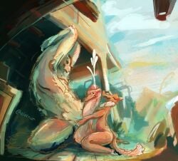 absurd_res ambiguous_gender anthro balls bear big_balls big_penis bodily_fluids cum digital_media_(artwork) digital_painting_(artwork) duo erection fur genital_fluids genitals hi_res holding_penis huge_cock humanoid_genitalia humanoid_penis looking_pleasured male mammal nude open_mouth painterly painting_(artwork) penile penis size_difference smile werenawr