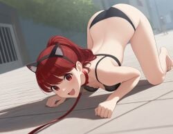 ai_generated cat_ears cat_tail happy kasumi_yoshizawa leash leash_and_collar persona persona_5 petplay public red_eyes red_hair sumire_yoshizawa tagme underwear