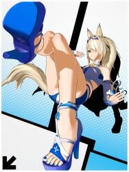 1girl 3d abstract_background animal_ears anklet bikini blender_(software) blonde_hair blue_bikini blue_eyes blue_footwear blue_swimsuit blue_toenails cel_shading cleavage detached_sleeves feet_focus footwear foreshortening fox_ears halftone high_heels hoyoverse legs_up long_hair looking_at_viewer lying navel on_back one_eye_closed painted_toenails perspective platform_heels ponytail pop_art sandals screentone shoes sigrid_(zenless_zone_zero) solo strappy_heels suggestive sunglasses_on_head swimsuit toenails visiuun watermark wide_angle winking zenless_zone_zero