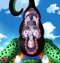 absorb absorption absorption_vore assimilation breasts cell_(dragon_ball) cell_vore crossover defeated dragon_ball dragon_ball_super dragon_ball_z eyes_rolling_back fighting_back flesh_tunnel godvore hyuuga_hinata internal_view large_breasts naruto naruto_(series) squished_breasts swallowed_whole tail_bulge tail_vore vore