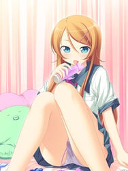 1girls aqua_eyes blonde_hair clothed dildo egg_vibrator female female_only hair_ornament hairclip human kirino_kosaka long_hair looking_at_viewer masturbation ore_no_imouto_ga_konna_ni_kawaii_wake_ga_nai panties pantyshot purapa school_uniform serafuku sex_toy sitting skirt solo solo_female thick_thighs thighs tongue tongue_out underwear vibrator vibrator_under_panties wet_panties