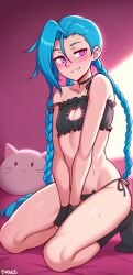 ai_generated aianonguy arcane blue_hair cat_lingerie dross_(style) jinx_(league_of_legends) league_of_legends league_of_legends:_wild_rift lingerie pink_eyes self_upload socks solo_female stable_diffusion strap_slip thighs twintails