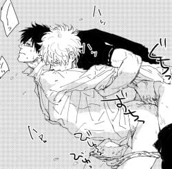 anal anal_sex arms_behind_back arms_held_back bent_over blush bodily_fluids censored erection from_behind gay gintama gintoki_sakata halftone hijikata_toshiro implied_anal ken_dog looking_back male male_only monochrome pants_down penis profile screentone side_view sweat underwear_down yaoi