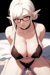 ai_generated bed black_clothing cum_on_breasts elf glasses hair_bun lingerie parody warm white_hair