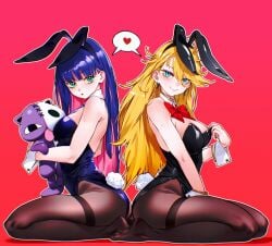 2girls animal_ears ass ass-to-ass bangle black_leotard black_pantyhose blonde_hair blue_eyes blue_hair bow bracelet breasts cesar_art456 colored_inner_hair detached_collar earrings fake_animal_ears fake_tail feet from_side full_body green_eyes hair_between_eyes heart highres holding holding_stuffed_toy jewelry large_breasts leotard long_hair looking_at_viewer makeup multicolored_hair multiple_girls no_shoes panty_&_stocking_with_garterbelt panty_anarchy pantyhose pink_hair playboy_bunny rabbit_ears rabbit_tail seiza shared_speech_bubble simple_background sitting speech_bubble spoken_heart stocking_anarchy stuffed_toy tail thighband_pantyhose two-tone_hair white_wrist_cuffs wrist_cuffs